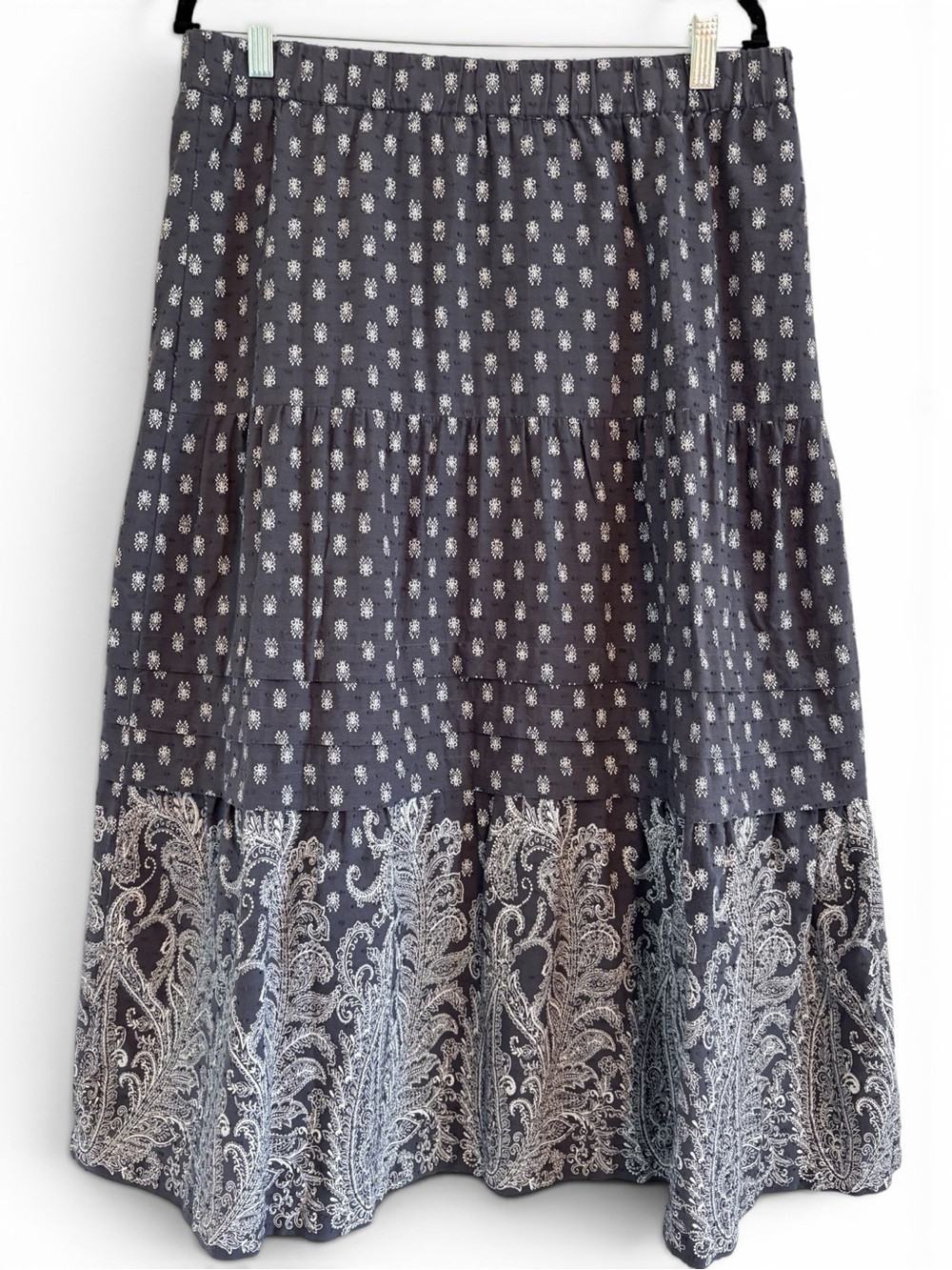 J.Jill Gray Tiered Paisley Trim Maxi Skirt | 100% Cotton | Size Medium